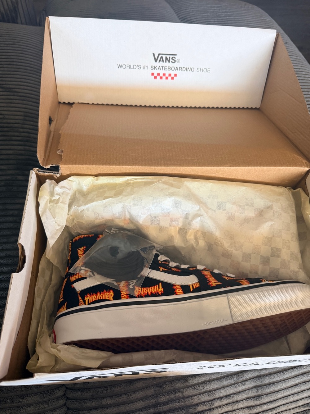 Vans Sk8-Hi Thrasher Checker Flame Logo - Black/White/Orange